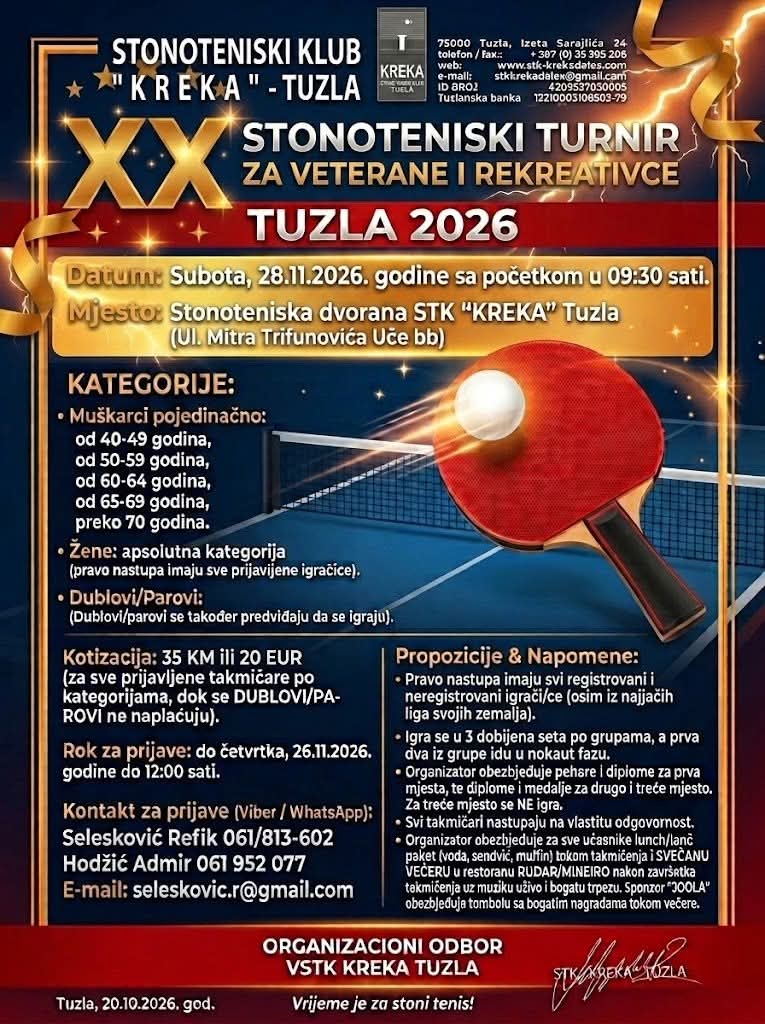 Poster for the 20th Tuzla Table Tennis Tournament for Veterans and Recreational Players, 28 November 2026